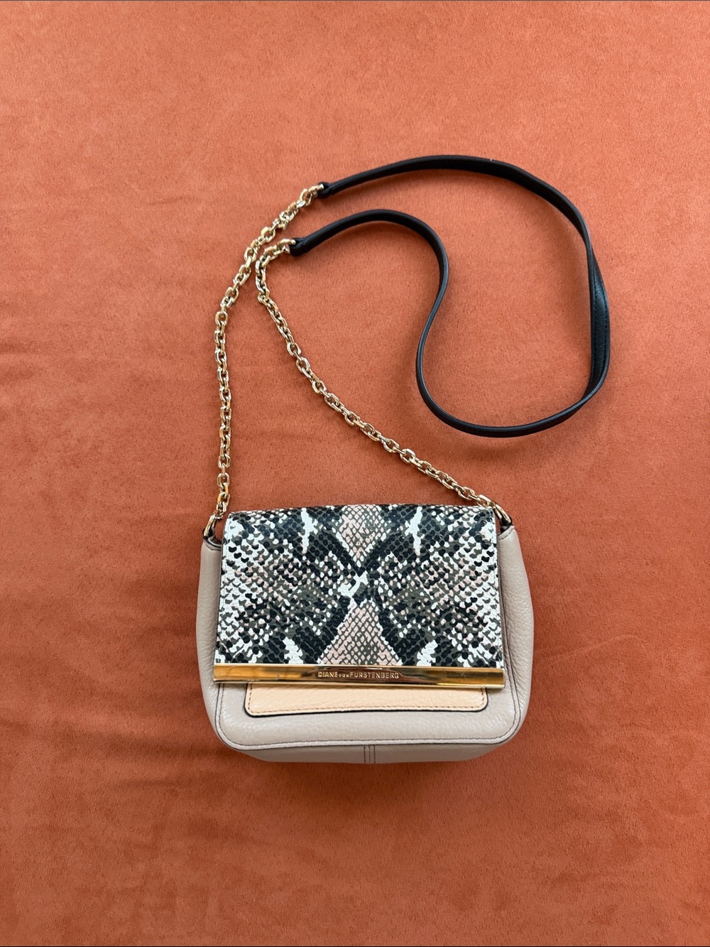 Diane von Furstenberg Beige Crossbody with Snake-Print Flap and Gold Chain Trim